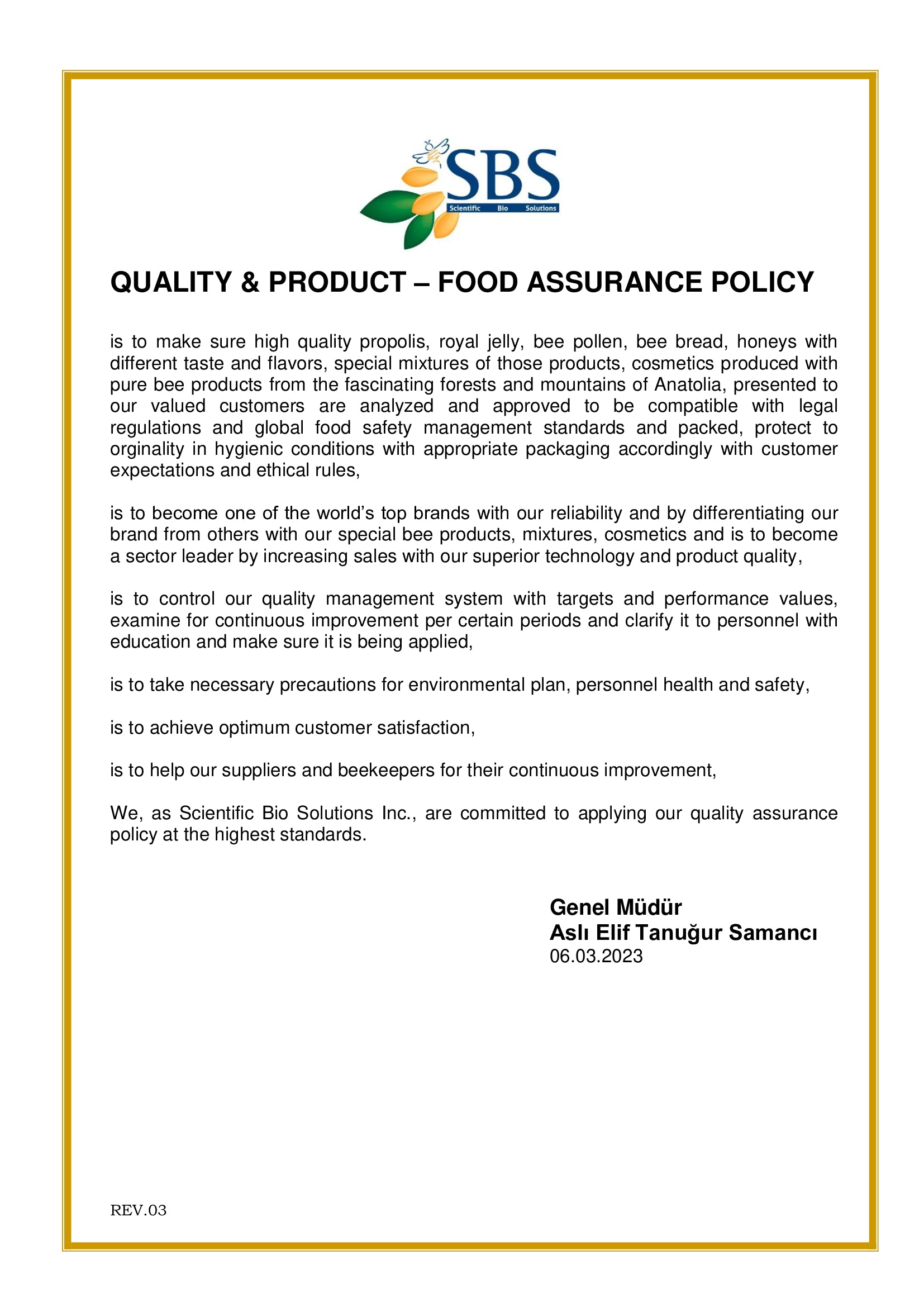 QUALITY & PRODUCT - FOOD ASSURANCE POLICY - Certificate