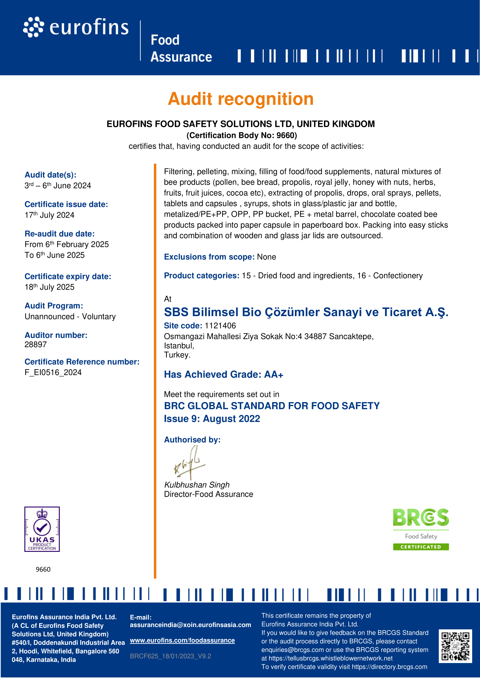 BRC GLOBAL STANDARD Certificate 2024