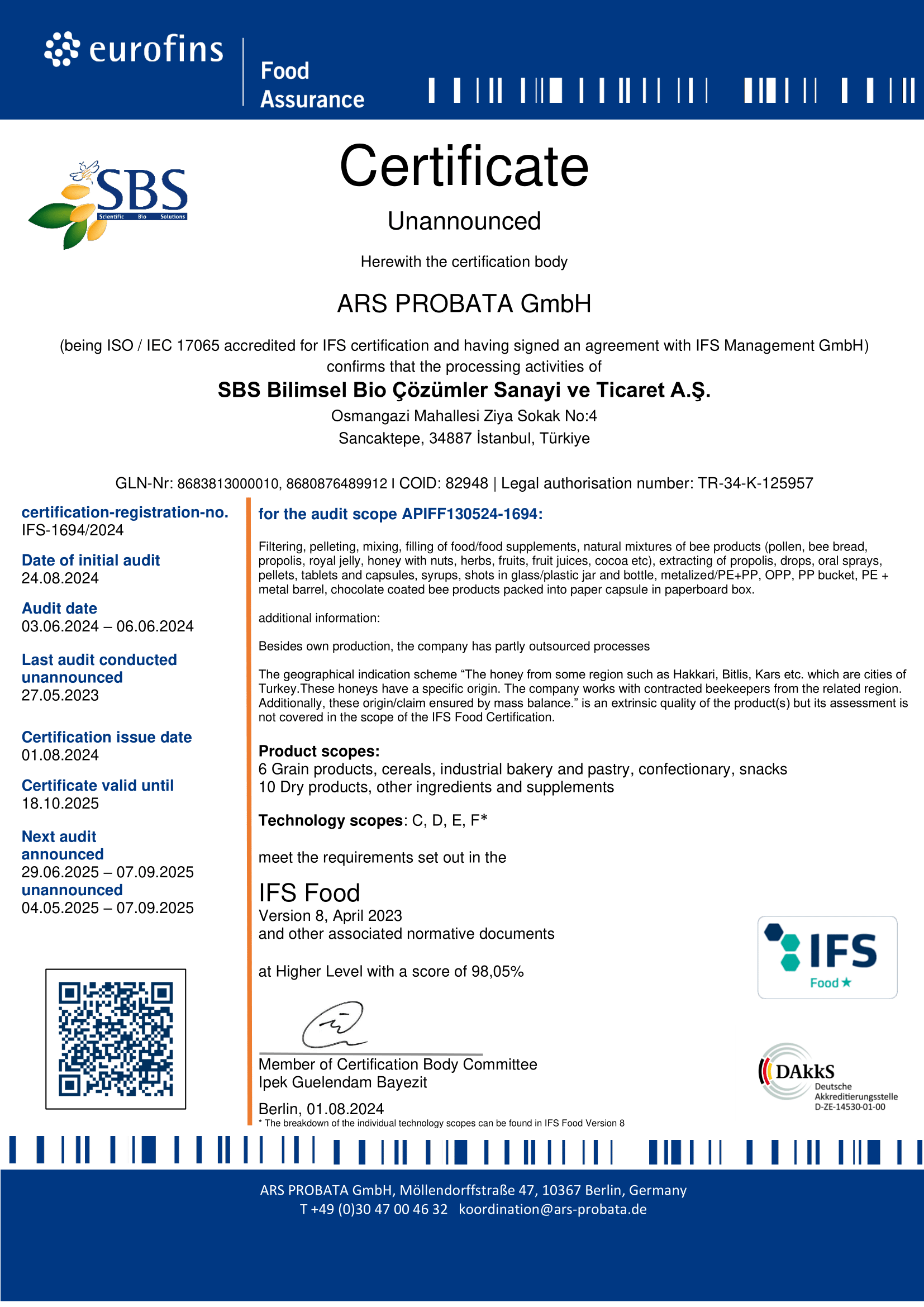 IFS Food Assurance Certificate 2024