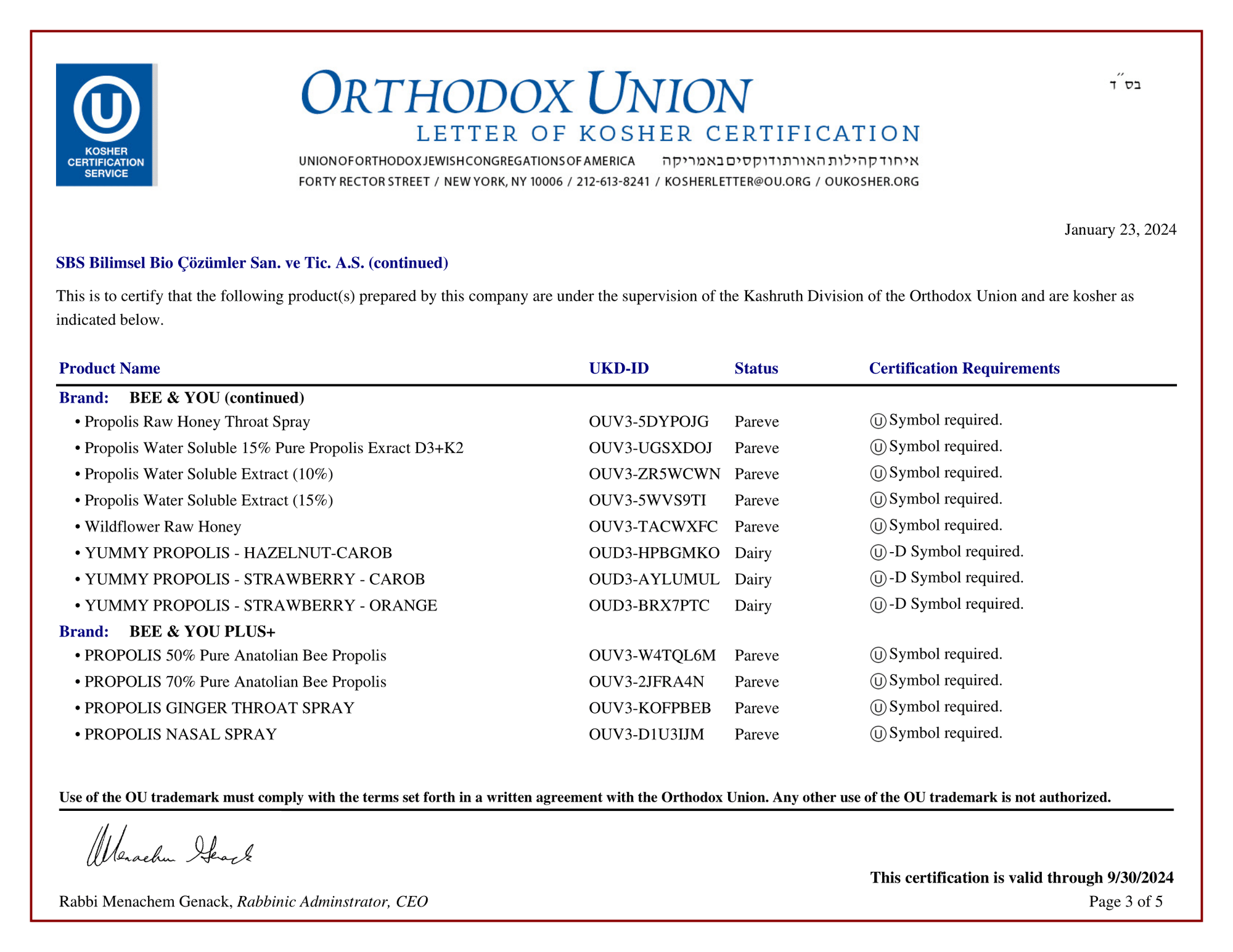 KOSHER Certificate 3 2024