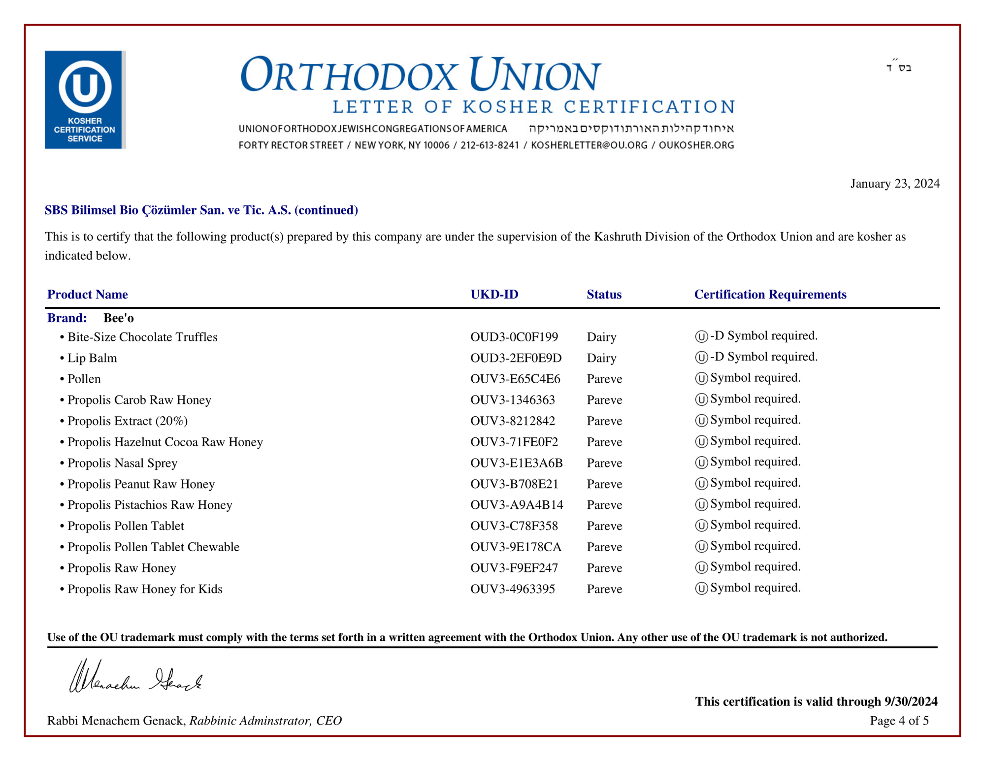 KOSHER Certificate 4 2024