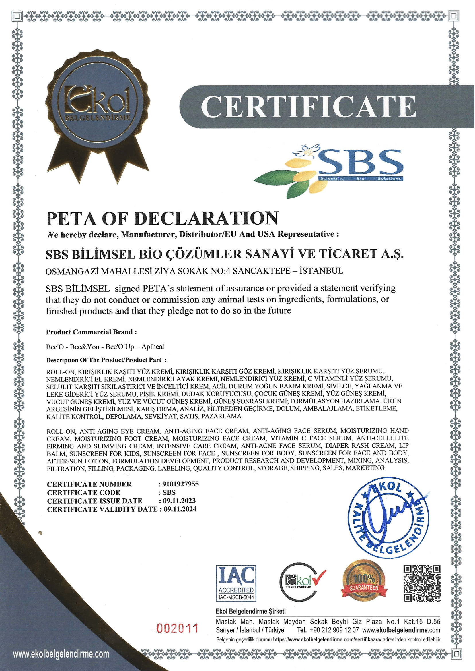 PETA Certificate