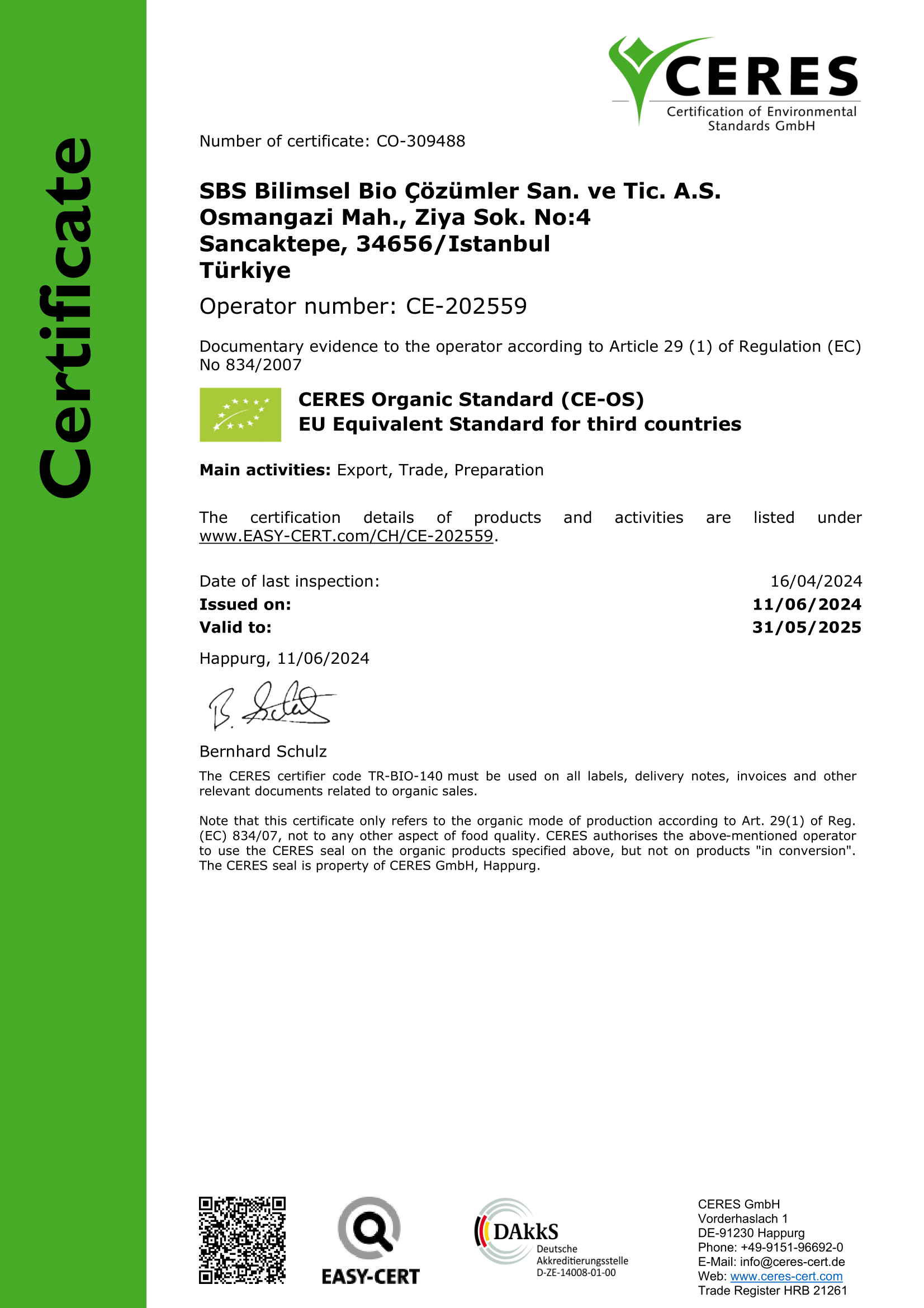 CERES Organic Standard (CE-OS) Certificate 2024