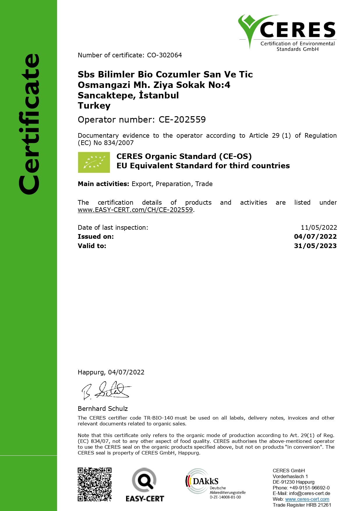 ORGANIC CERTIFICATE